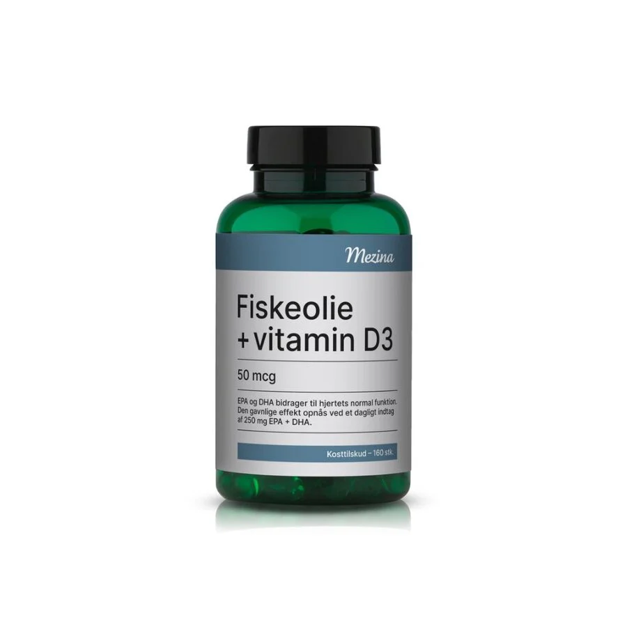 Mezina fiskeolje + vitamin D3 160 kapsler